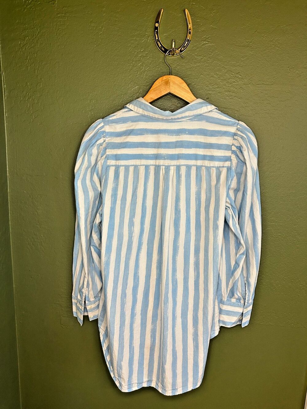 Free People Oversized Striped Button Down Shirt Puff Sleeves Medium Relaxed Boho - Picture 2 of 6